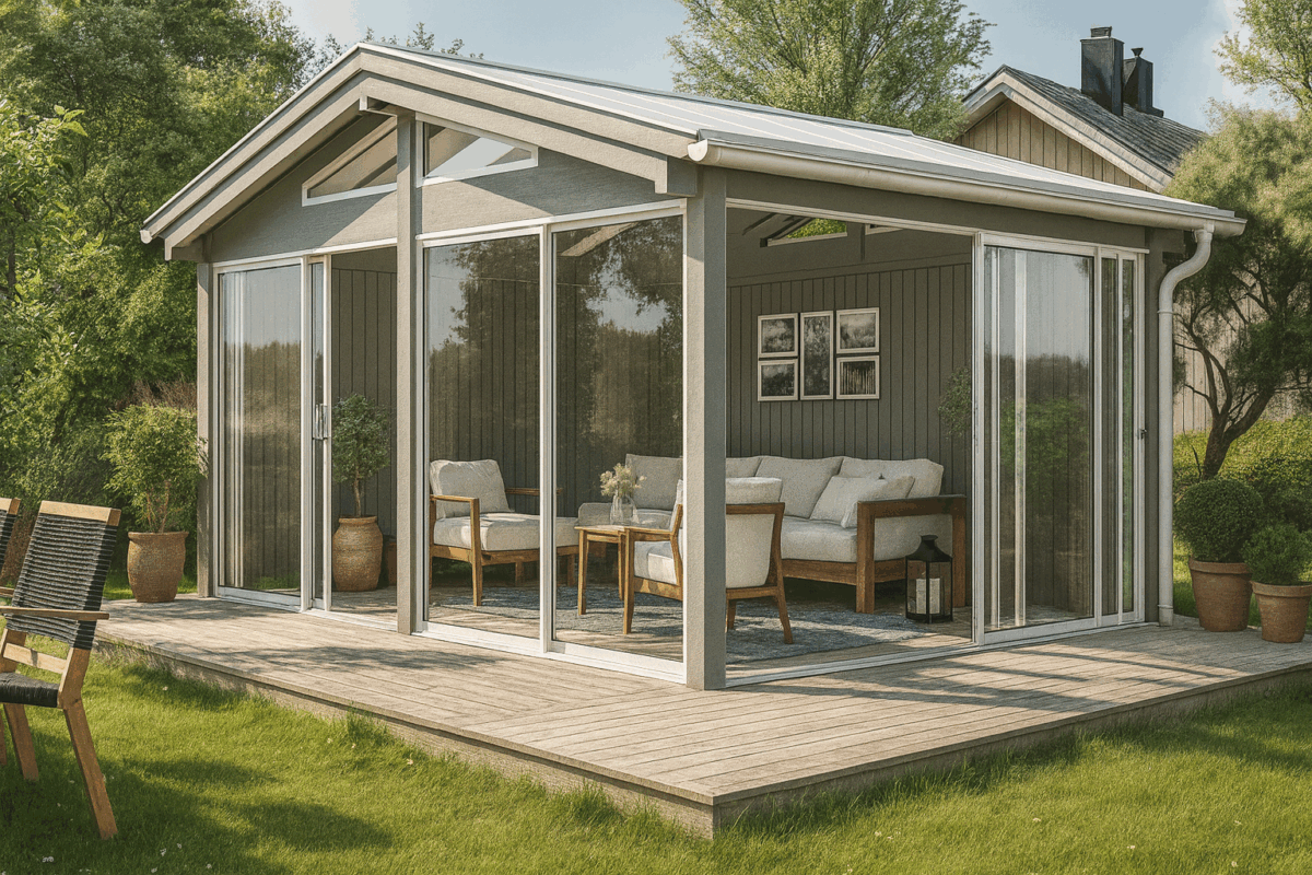 Frittstående hagestue Færder 16.1 m² med saltak, store skyvedører og skråkappede glassfelt, montert i norsk hage.