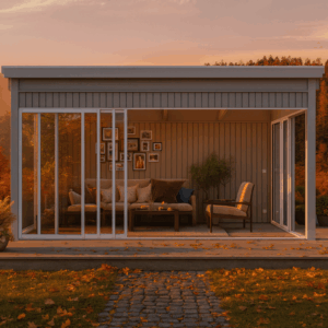 Hagestue Kragerø 13,6 m² fra Norgesstua med 4-delt skyvedør i front, 3-delt skyvedør på gavl, stående panelvegger og høstlig norsk hage i bakgrunnen.