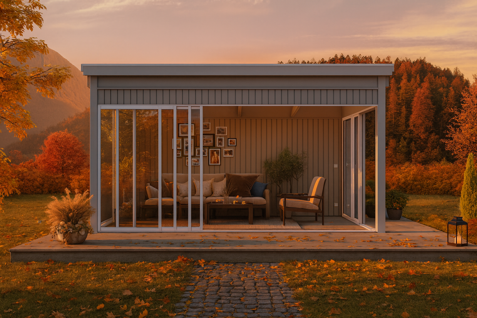 Hagestue Kragerø 13,6 m² fra Norgesstua med 4-delt skyvedør i front, 3-delt skyvedør på gavl, stående panelvegger og høstlig norsk hage i bakgrunnen.