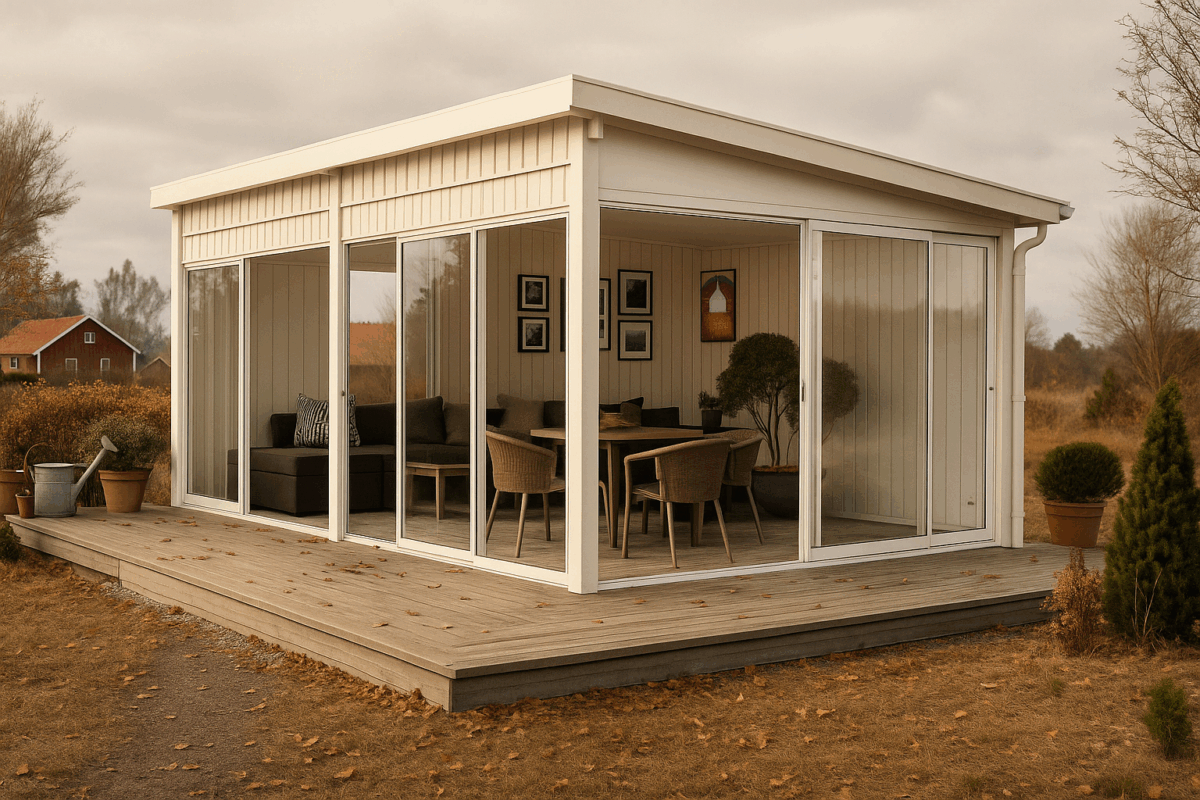 Hagestue Røros 20,4 m² fra Norgesstua med pulttak, store skyvedører og panelvegger, plassert i norsk høstlandskap