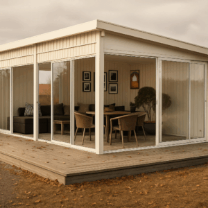 Hagestue Røros 20,4 m² fra Norgesstua med pulttak, store skyvedører og panelvegger, plassert i norsk høstlandskap